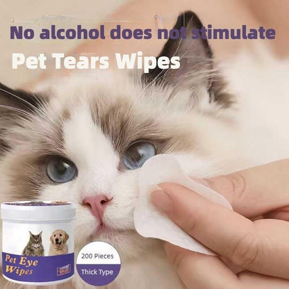 Cat being cleaned with Pet Eye Wipes and product packaging displayed.