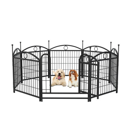 Black metal pet playpen with two dogs inside on a white background