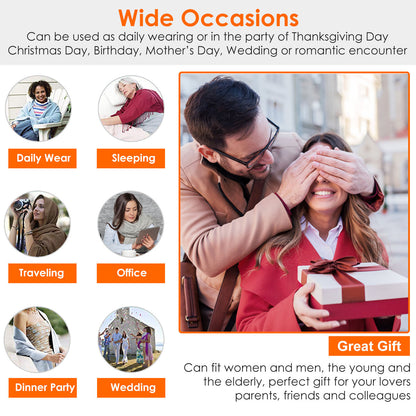 Promotional graphic for clothing or accessories with various uses and scenarios, including daily wear, sleeping, traveling, office, dinner party, and wedding.