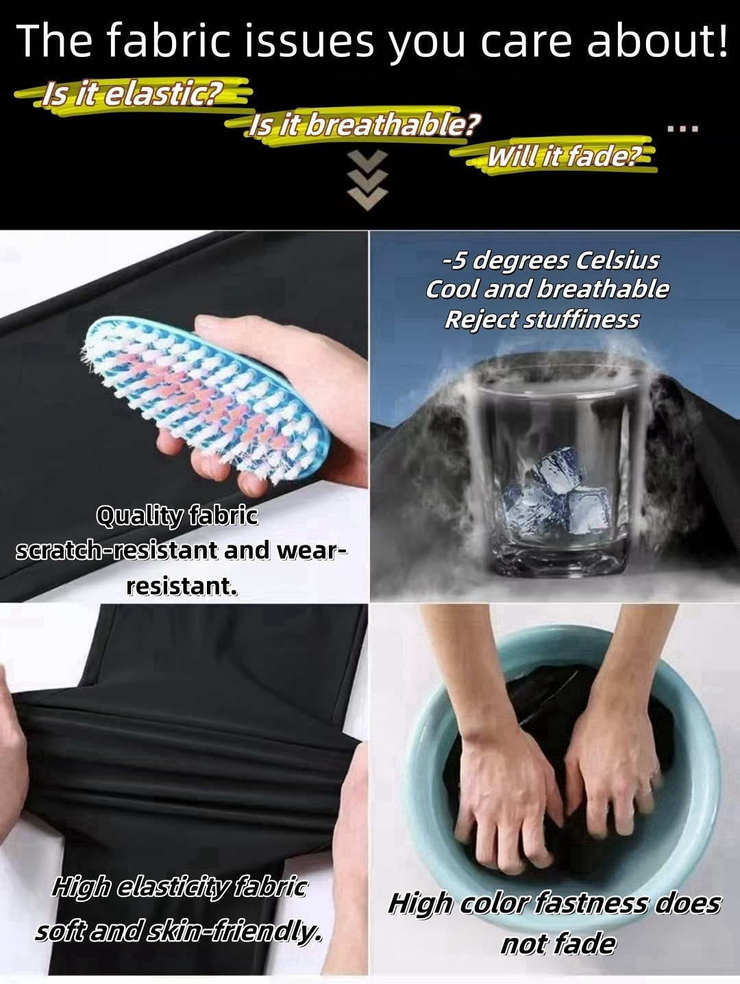 Fabric quality features with text and images showing elasticity, breathability, and colorfastness.
