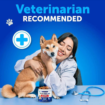 Veterinarian holding a dog with a 'Veterinarian Recommended' label on a blue background