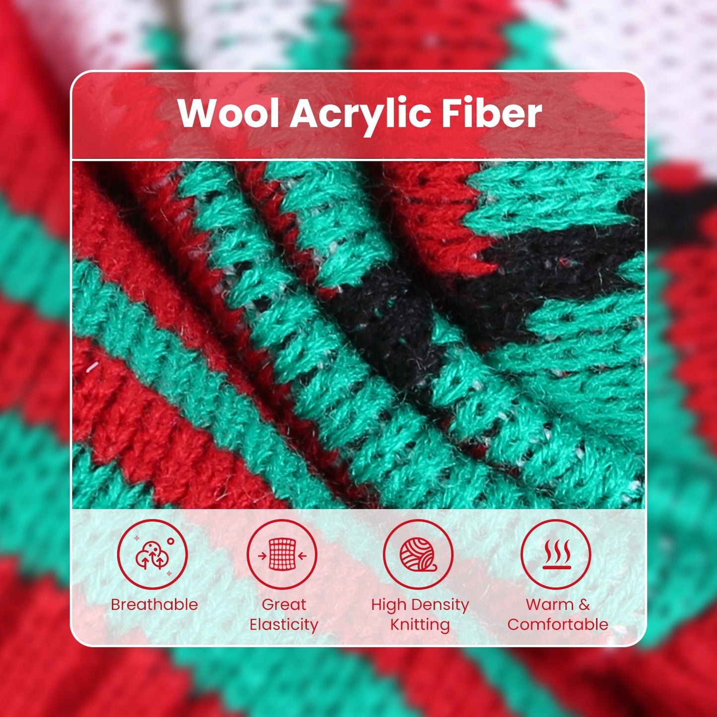 Close-up of a knitted fabric with red and green stripes, featuring text on wool acrylic fiber properties.