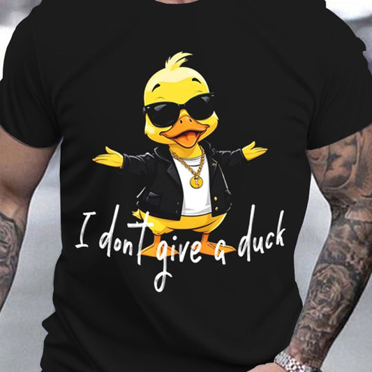 Black t-shirt with a yellow duck wearing sunglasses and a black jacket graphic and text 'I don't give a duck'.