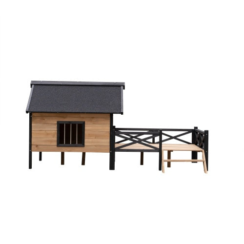 Wooden pet house with a gray roof on a white background