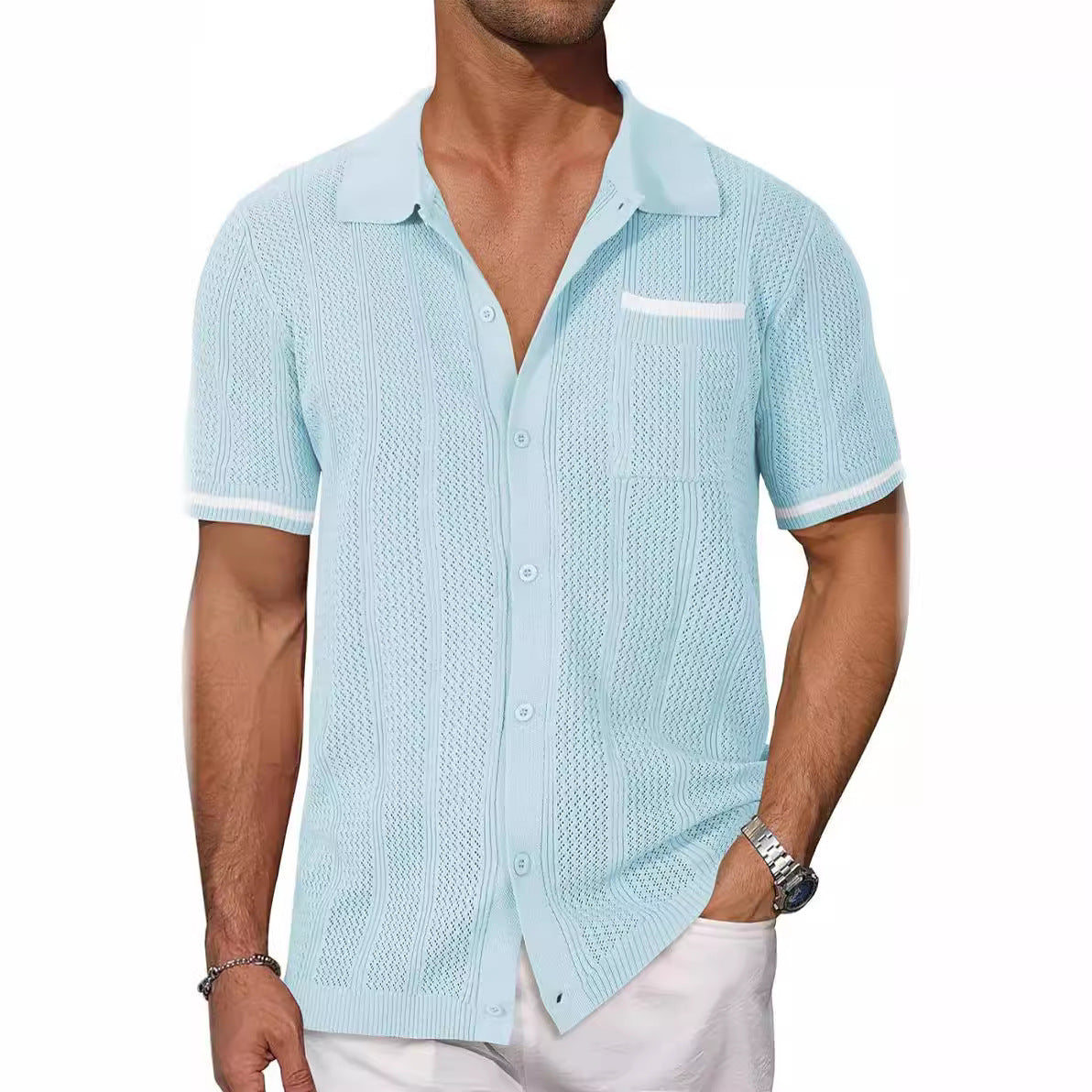 Man wearing a light blue textured short-sleeve shirt on a white background