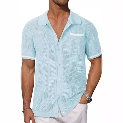 Man wearing a light blue textured short-sleeve shirt on a white background
