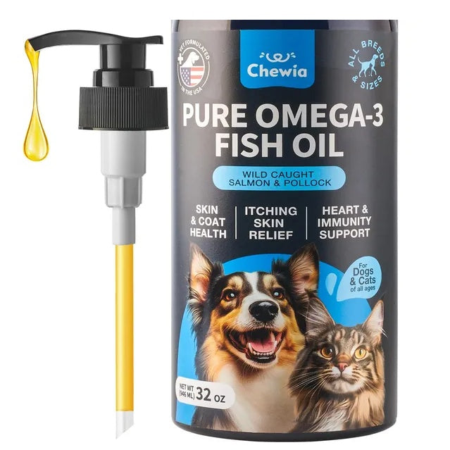 Chewia Pure Omega-3 Fish Oil container with pump for dogs and cats on a white background
