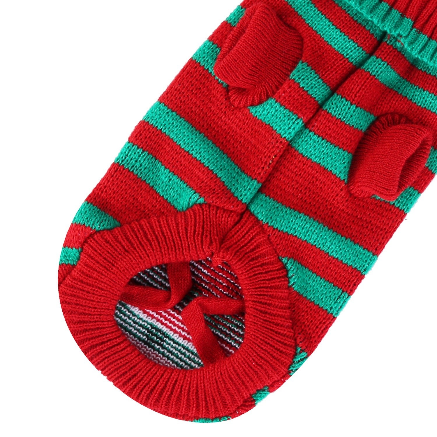 Red and green striped sock on a white background