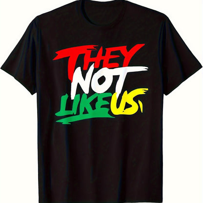 Black t-shirt with colorful text 'THEY NOT LIKE US' on a white background