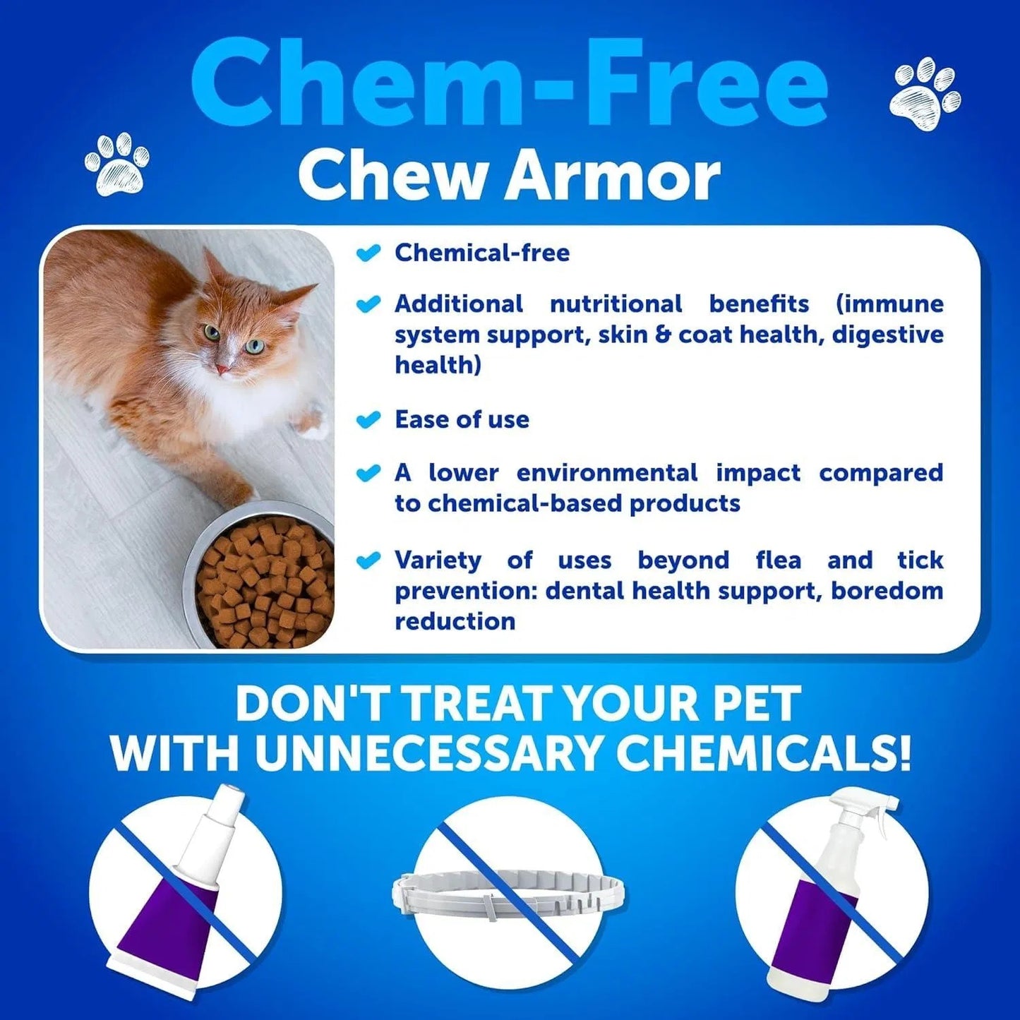 Advertisement for Chem-Free Chew Armor with a cat and text about product benefits on a blue background.