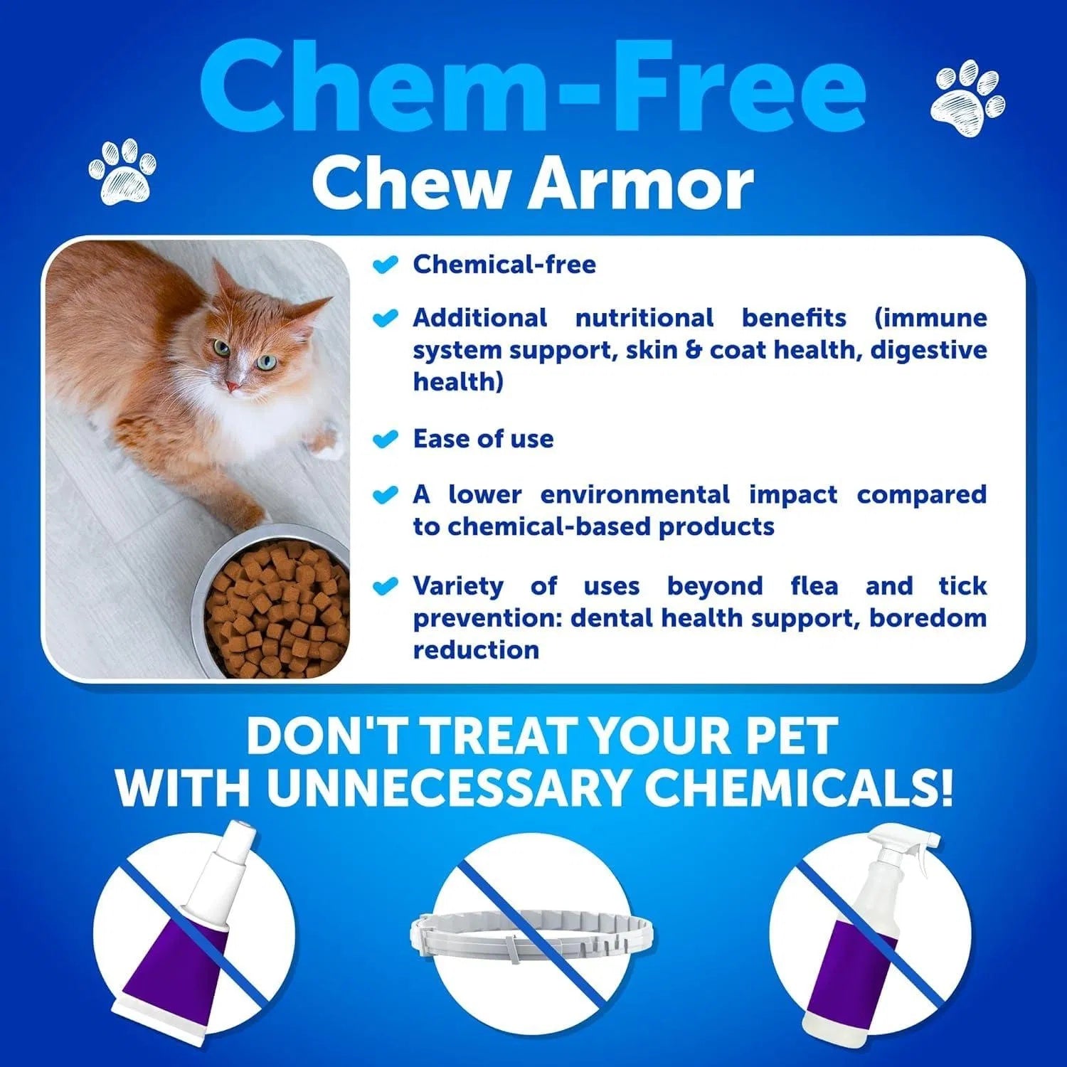 Advertisement for Chem-Free Chew Armor with a cat and text about product benefits on a blue background.