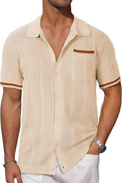 Beige knitted shirt with brown accents worn by a person on a white background