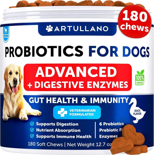 Artullano probiotics for dogs container with text and images of a dog and treats.
