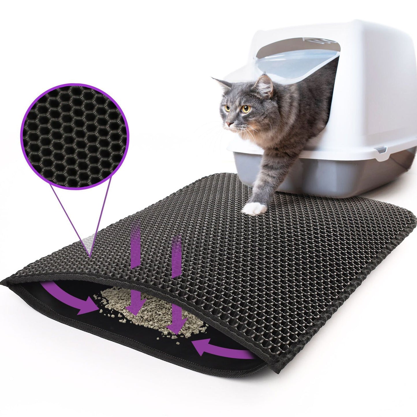 Cat using a litter mat with a close-up of the mat's texture and a cat stepping on it.