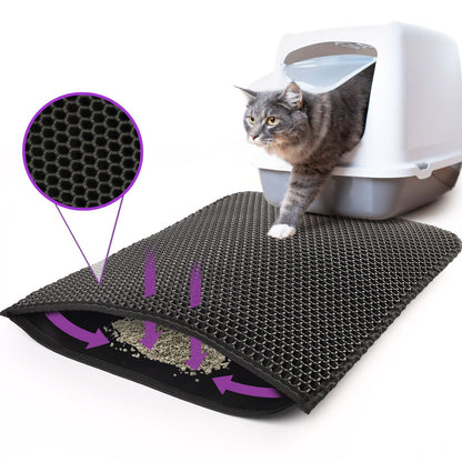 Cat using a litter mat with a close-up of the mat's texture and a cat stepping on it.