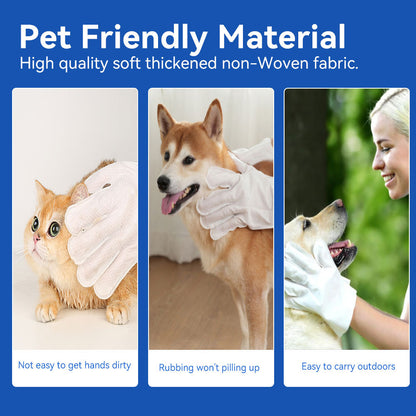 Advertisement for pet-friendly material with images of a cat, dog, and person interacting with pets.