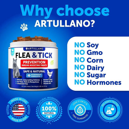 Artullano flea and tick prevention product with blue background and text highlighting benefits