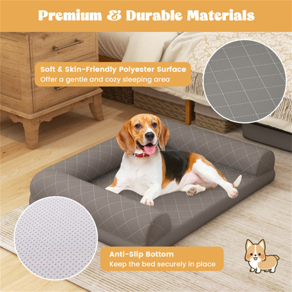 Dog lying on a gray pet bed with text about premium materials and features.