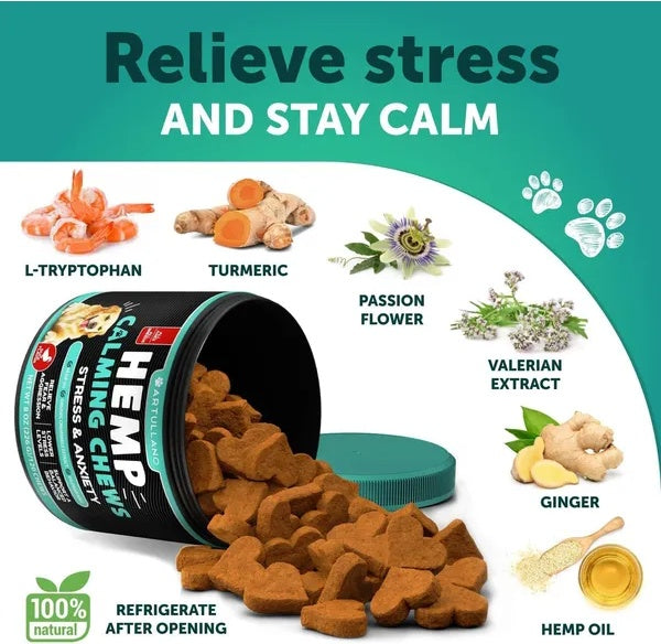 Hemp chews for pets with ingredients and text on a green background