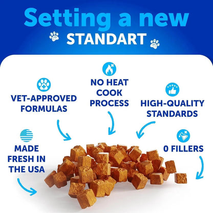 Dog treats with text highlighting features like vet-approved formulas and no heat cook process on a blue and white background.