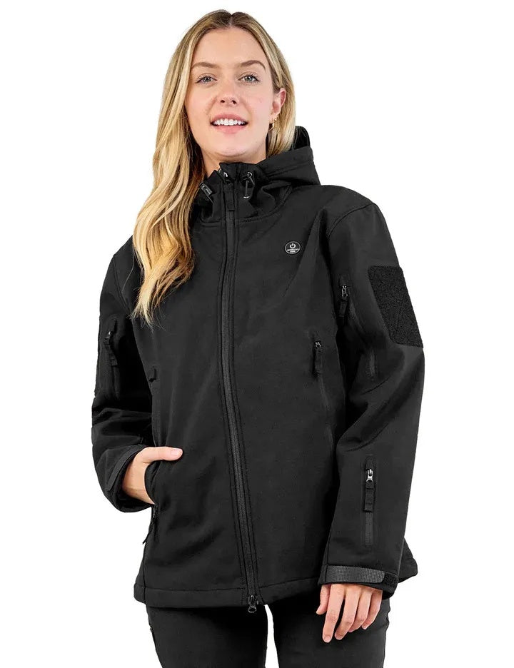 Woman wearing a black tactical jacket on a white background