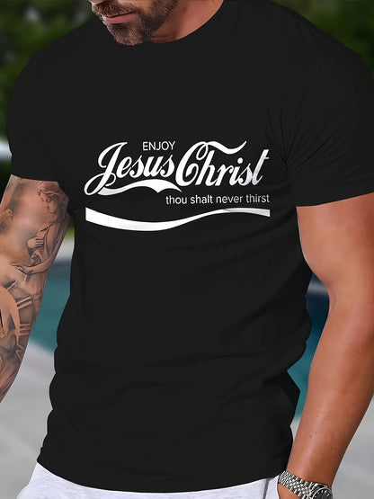 Black t-shirt with 'Enjoy Jesus Christ thou shalt never thirst' text worn by a person.