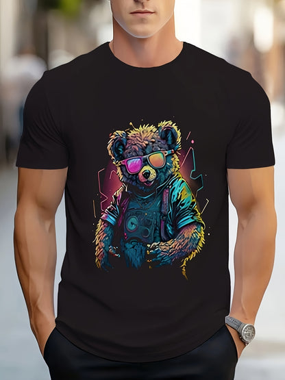 Person wearing a black t-shirt with a colorful bear graphic design.