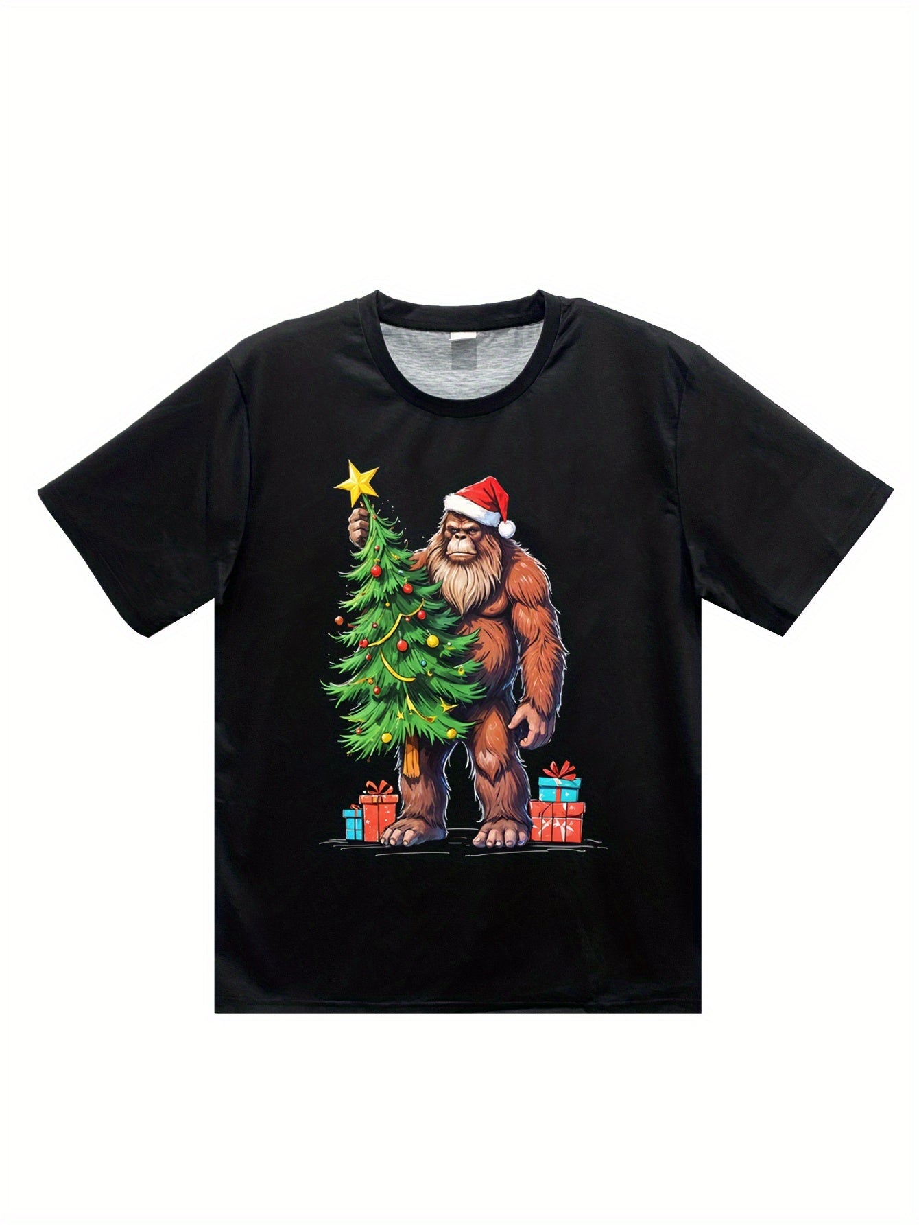 Black t-shirt with a Christmas-themed design of a bear decorating a tree on a white background
