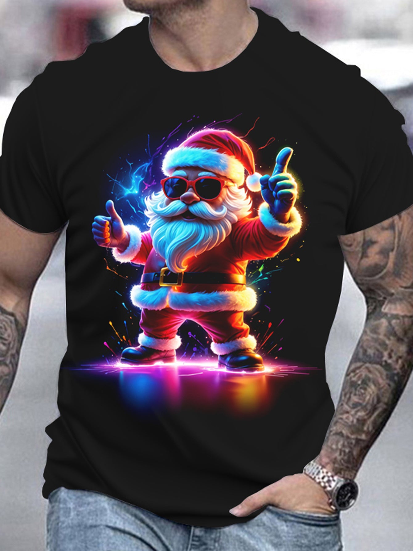 Black t-shirt with a colorful graphic of Santa Claus wearing sunglasses and giving a thumbs-up.
