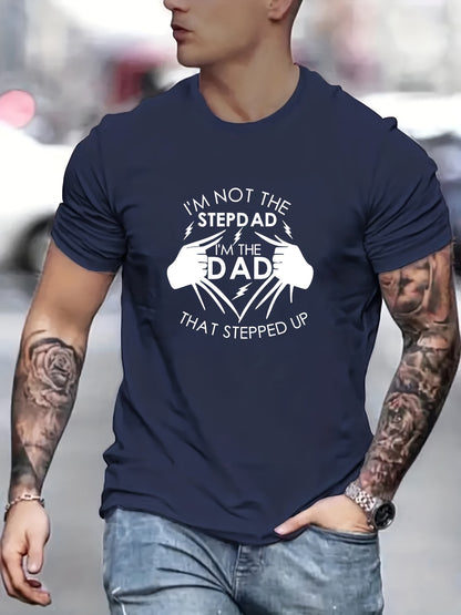 Person wearing a navy blue t-shirt with a humorous graphic and text.