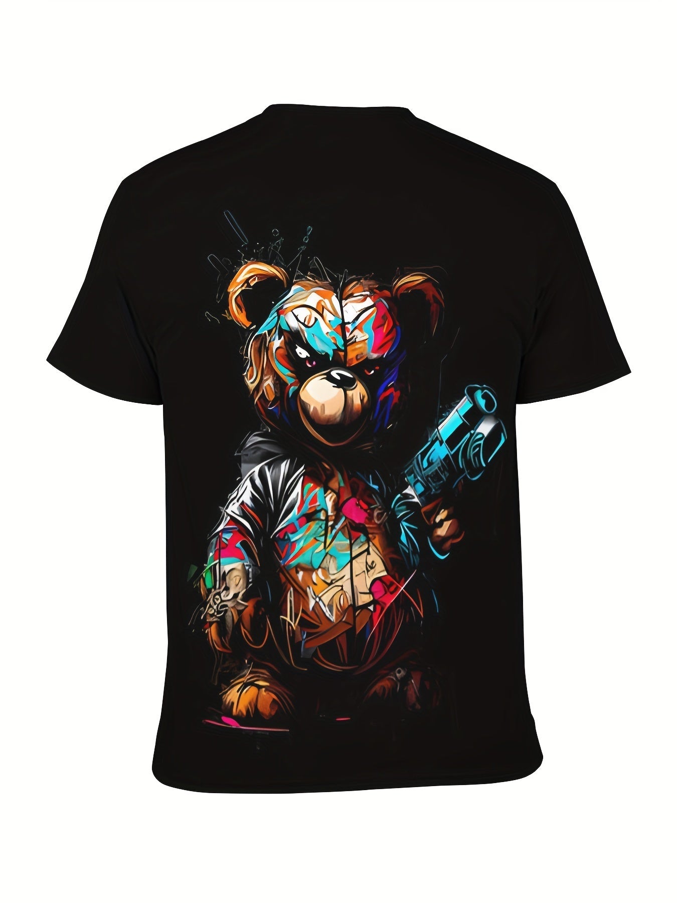 Black t-shirt with a colorful bear graphic holding a gun on a white background