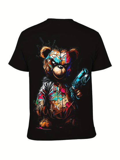 Black t-shirt with a colorful bear graphic holding a gun on a white background