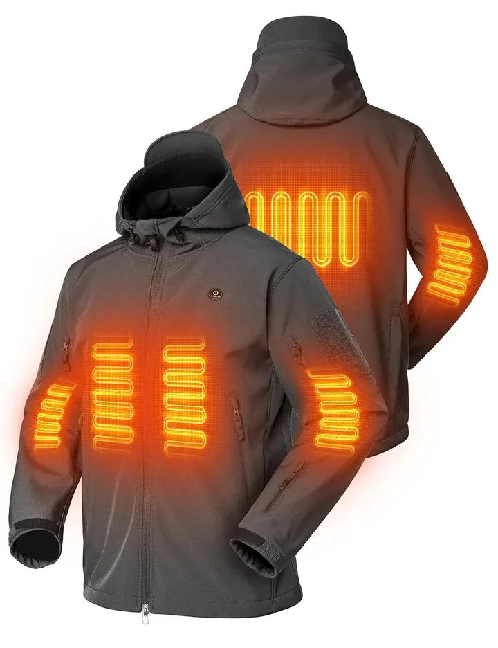 Gray heated jacket with glowing orange heating elements on a white background