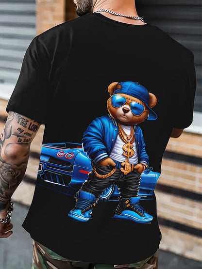 Men's Novelty T-shirt - Cool Bear Printed Casual Round Neck - Loose Short Sleeve - Cartoon Pattern T-shirt - Polyester Fabric - Easy To Care For
