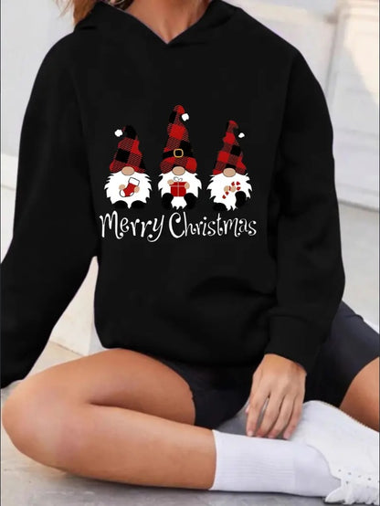 Black hoodie with Christmas-themed design featuring gnomes and 'Merry Christmas' text.