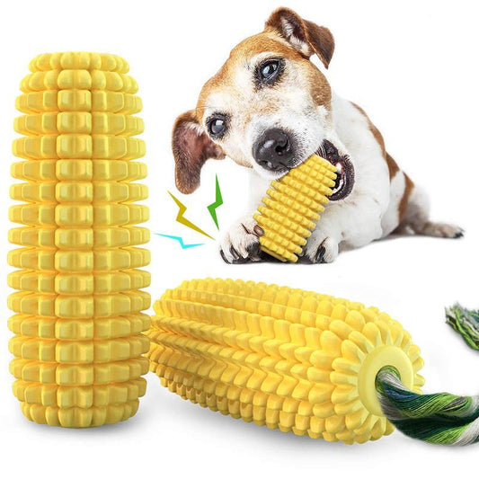Dog playing with a corn-shaped chew toy on a white background