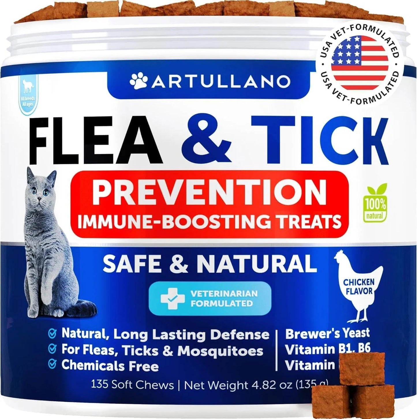 Artullano flea and tick prevention immune-boosting treats for cats on a white background