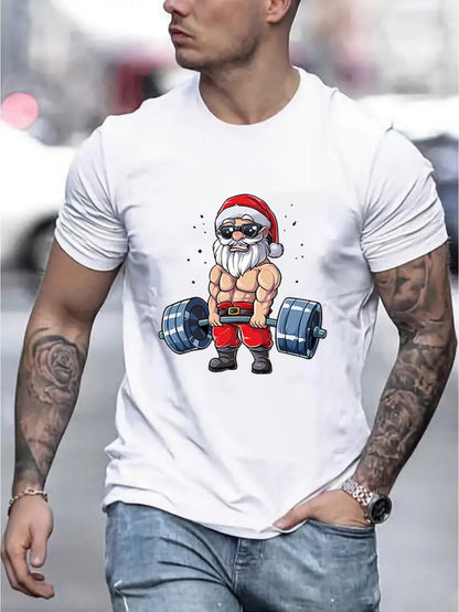 Person wearing a white t-shirt with a graphic of Santa Claus lifting weights.