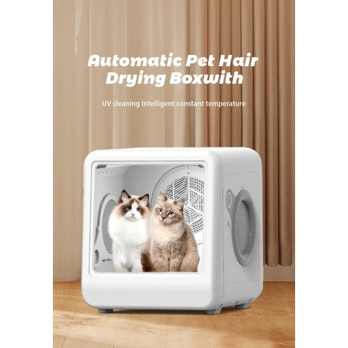 Automatic pet hair drying box with two cats inside, placed on a wooden floor with a curtain background.