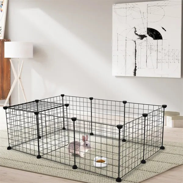 Pet playpen with a rabbit inside on a carpeted floor.