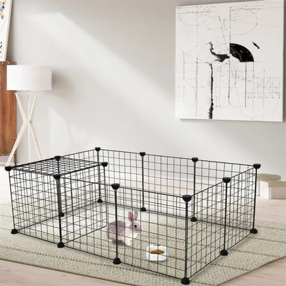 Pet playpen with a rabbit inside on a carpeted floor.