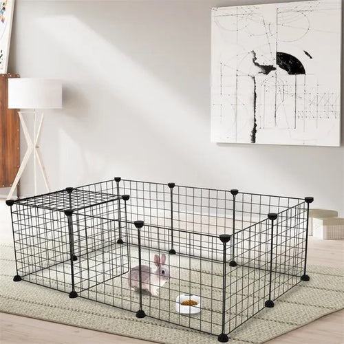 Pet playpen with a rabbit inside on a carpeted floor.