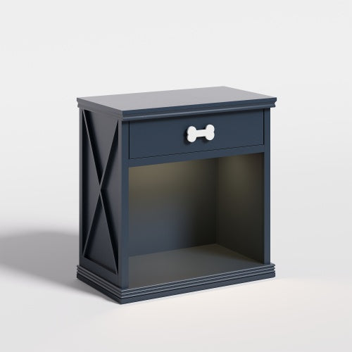 Navy blue nightstand with a white bone-shaped handle on a light gray background
