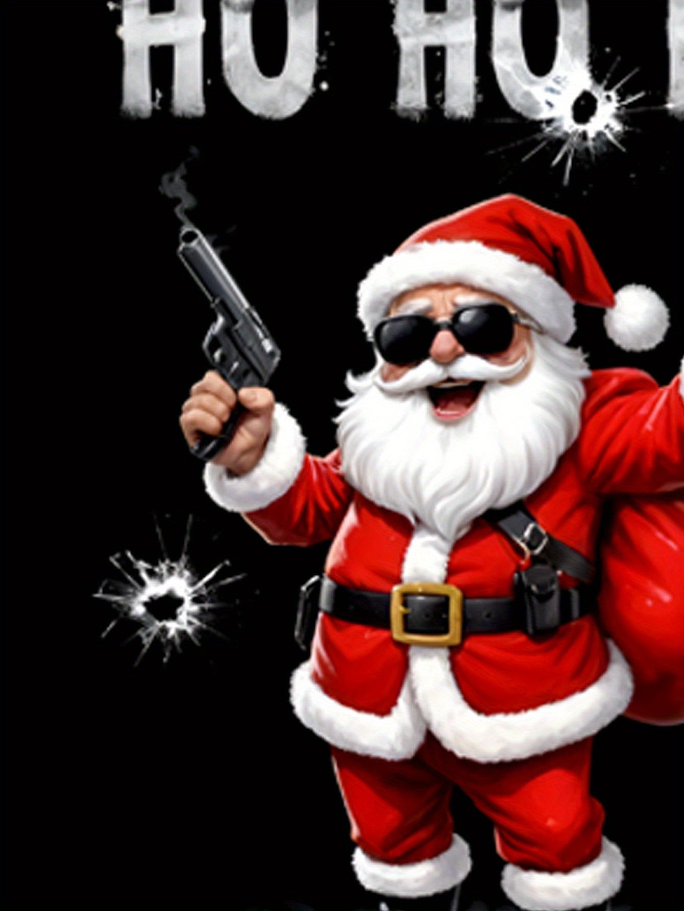 Santa Claus holding a gun with 'Ho Ho Ho' text on a black background