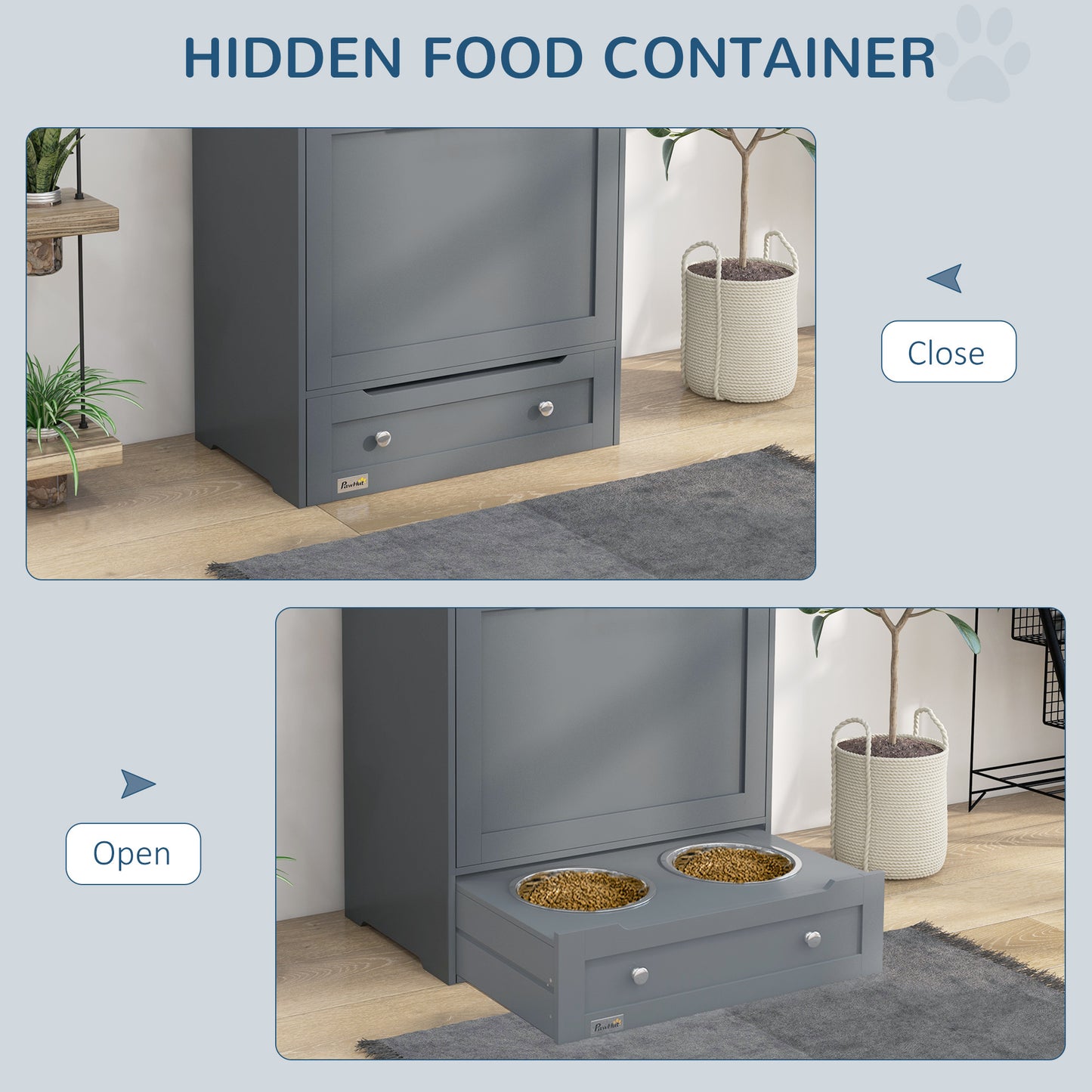 Gray cabinet with a hidden food container feature, shown open to reveal two bowls of food.