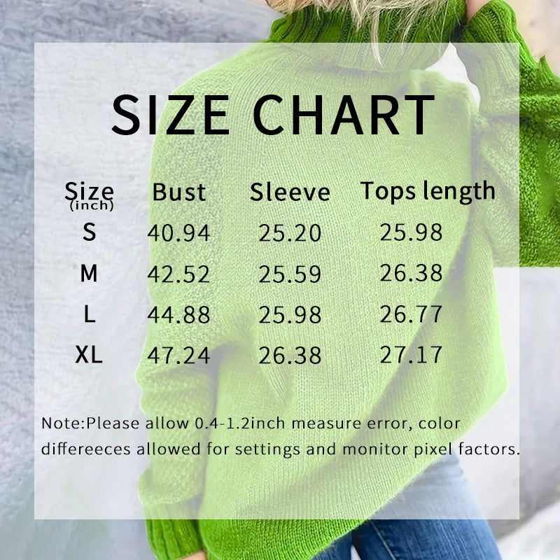 Green sweater with size chart overlay on a gray background