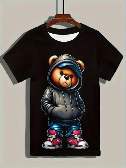 Black t-shirt with a bear wearing a hoodie design on a beige background
