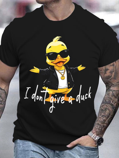 Black t-shirt with a cartoon duck wearing sunglasses and a jacket, text 'I don't give a duck', worn by a person.