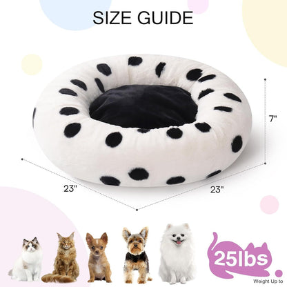 Measurement chart of a donut-shaped pet bed with size guide and weight limit.