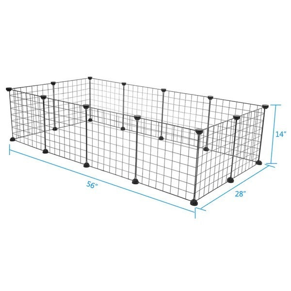 Black metal grid playpen with dimensions on a white background